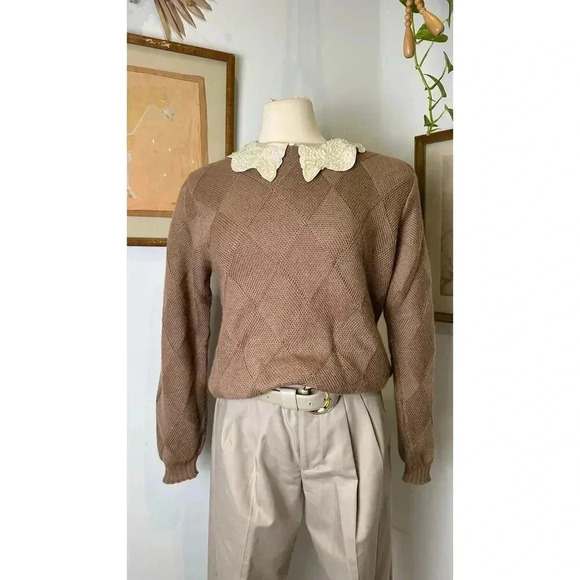 Vintage Baby Alpaca Knit Sweater Textured Diamond Pattern Beige Pullover Size S - Picture 2 of 6